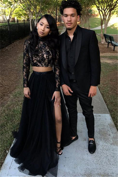 TWO PIECE LONG SLEEVES EVENING GOWN BLACK CHIC SLIT LACE PROM DRESS SAS33