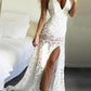 UNIQUE SPAGHETTI STRAPS APPLIQUES SLEEVELESS V-NECK FRONT SLIPT PROM DRESS SAS35