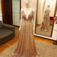 TRENDY NEW ARRIVAL PLUGING V-NECK GOLDEN SPARKLE PROM DRESS WITH CRISS-CROSS BACK SAS40