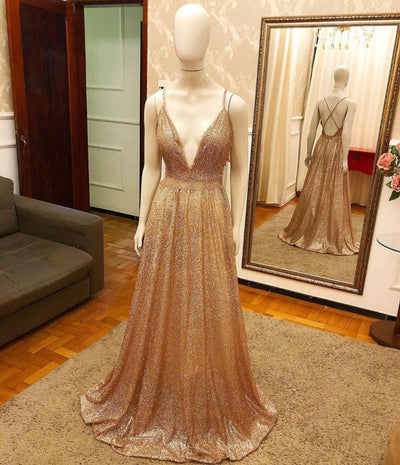TRENDY NEW ARRIVAL PLUGING V-NECK GOLDEN SPARKLE PROM DRESS WITH CRISS-CROSS BACK SAS40