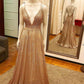 TRENDY NEW ARRIVAL PLUGING V-NECK GOLDEN SPARKLE PROM DRESS WITH CRISS-CROSS BACK SAS40