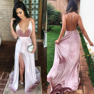 V-NECK LONG PROM DRESS EVENING GOWNS WITH SPLIT SAS41