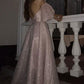 SPARKLE PEARL PINK SEQUINED HIGH SPLIT A-LINE PROM DRESS WITH BRACELET SAS45