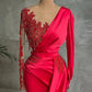STUNNING RED LONG SLEEVE MERMAID EVENING DRESS LACE APPLIQUES PROM GOWN RUFFLES SAS46