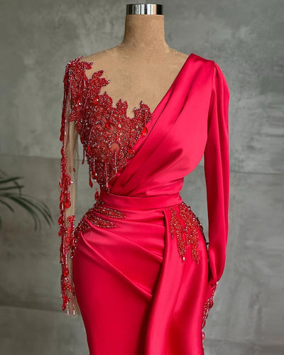 STUNNING RED LONG SLEEVE MERMAID EVENING DRESS LACE APPLIQUES PROM GOWN RUFFLES SAS46