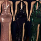 SHINY SEQUINS HALTER KEYHOLE NECKLINE FRONT SLIT MERMAID PROM DRESS SAS49