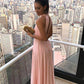SIMPLE HIGH NECK CHIFFON KEYHOLE SLEEVELESS CANDY PINK PROM DRESS SAS50