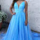 SKY BLUE SPAGHETTI-STRAPS A-LINE TULLE SLEEVELESS PROM DRESS SAS55