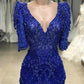 ROYAL BLUE BEADED LACE APPLIQUES 1/2 SLEEVE MERMAID PROM DRESS SAS56