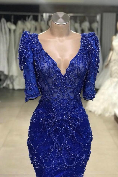 ROYAL BLUE BEADED LACE APPLIQUES 1/2 SLEEVE MERMAID PROM DRESS SAS56