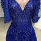 ROYAL BLUE BEADED LACE APPLIQUES 1/2 SLEEVE MERMAID PROM DRESS SAS56