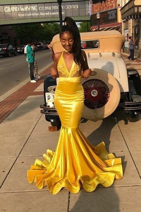 Yellow Bodycon Mermaid Prom Dresses Long with Appliuqes KS684
