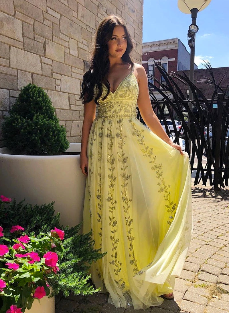 Yellow Tulle V Neck Spaghetti Straps Long Prom Dress With Lace Applique B08