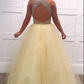 Yellow tulle v neck beads long prom dress yellow evening dress B123