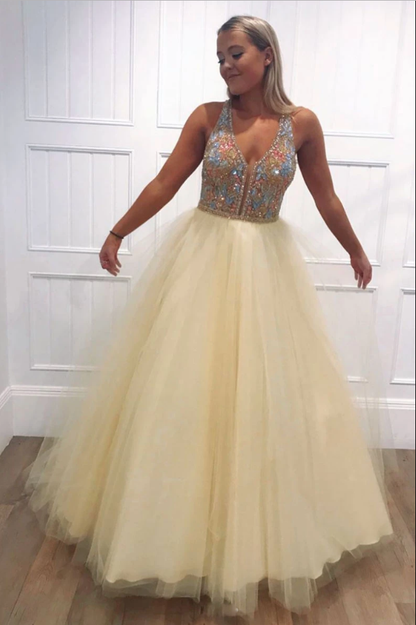 Yellow tulle v neck beads long prom dress yellow evening dress B123