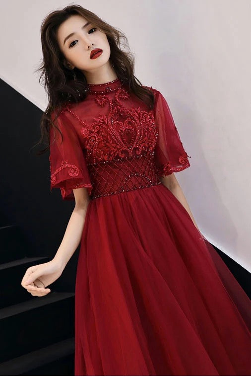 Burgundy Tulle Lace Mid Sleeve Long Prom Dress, Beaded Formal Dress B17