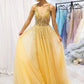 Yellow Tulle Sequins Beaded Long A Line Prom Dress, Party Dress B26
