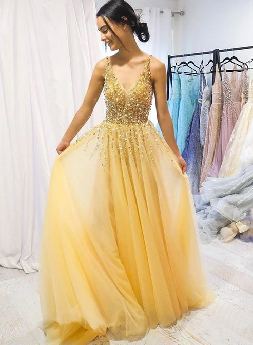 Gorgeous A line Halter Tea Length Yellow Sequin Evening Dress Prom Dresses main image 1
