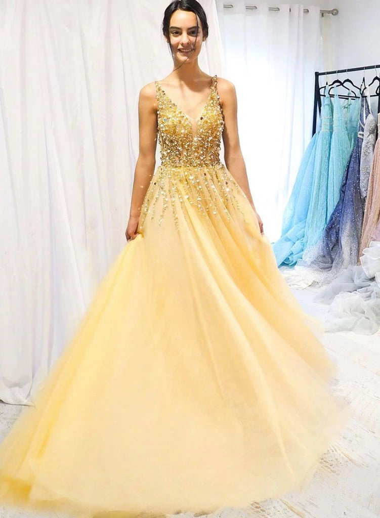 Yellow Tulle Sequins Beaded Long A Line Prom Dress, Party Dress B26