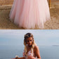 Pink v neck tulle lace long prom dress, pink tulle evening dress B458