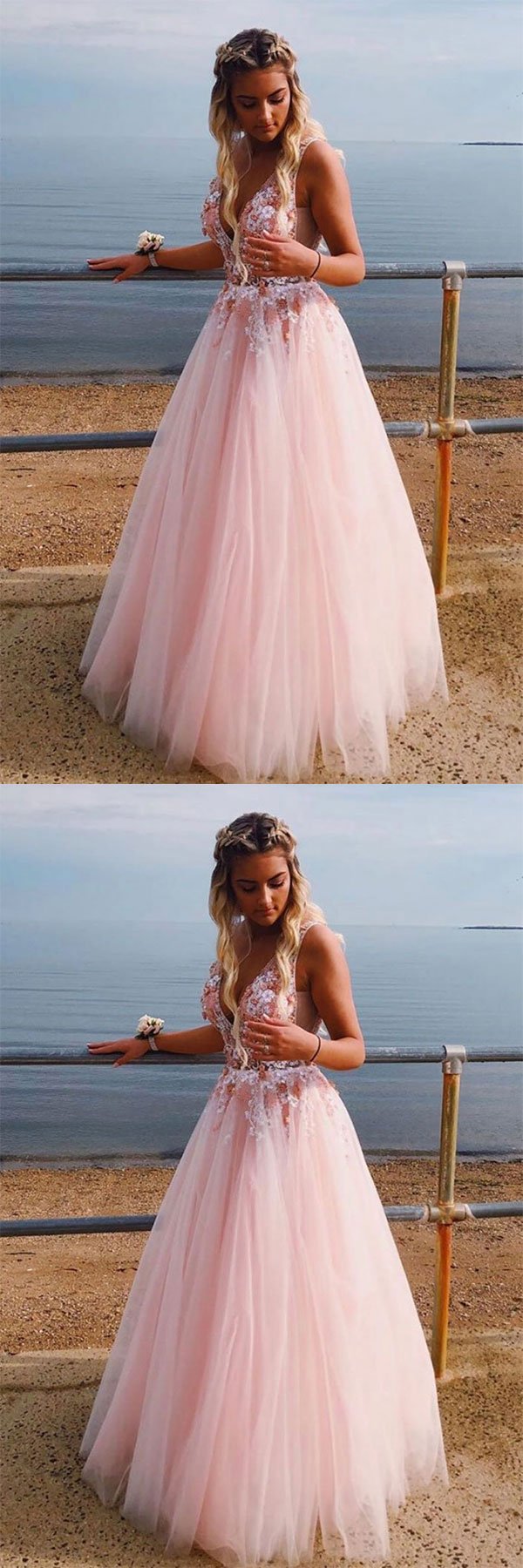 Pink v neck tulle lace long prom dress, pink tulle evening dress B458