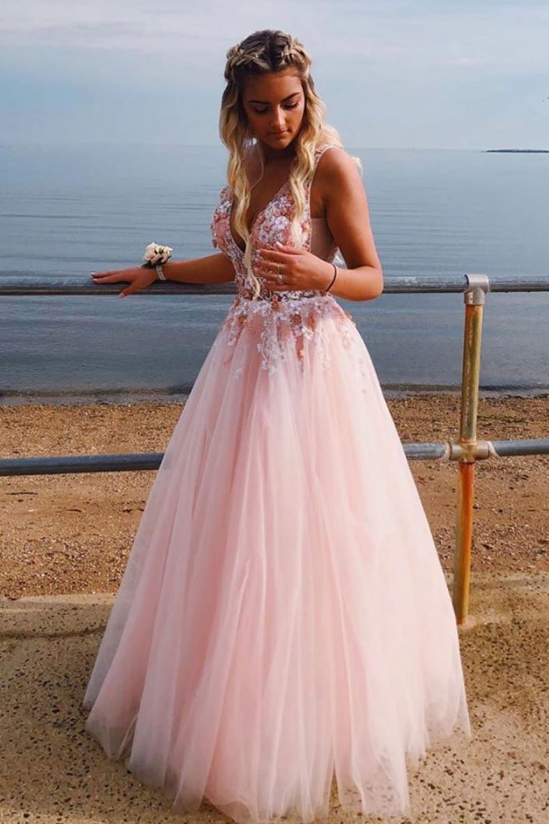 Pink v neck tulle lace long prom dress, pink tulle evening dress B458