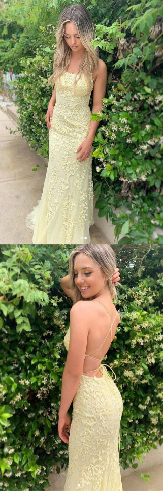 Yellow tulle lace backless long evening dress, yellow prom dress B542