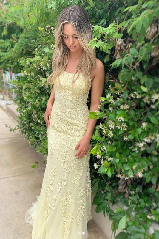 Yellow tulle lace backless long evening dress, yellow prom dress B542