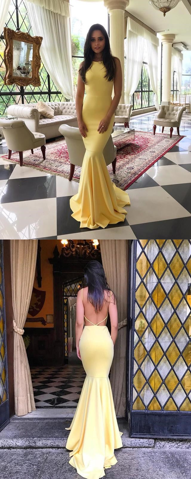 Yellow Satin Backless Long Mermaid Dress Evening Dress B590