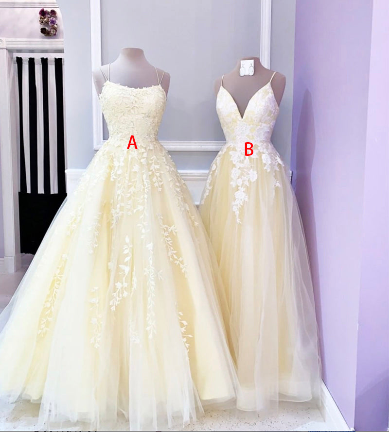 Yellow lace tulle long prom dress B608