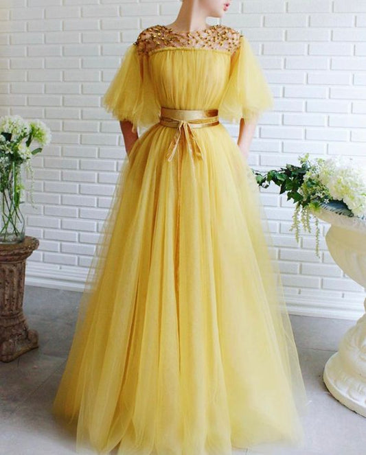 modest yellow prom dress long prom dresses wit tulle evening gown B613
