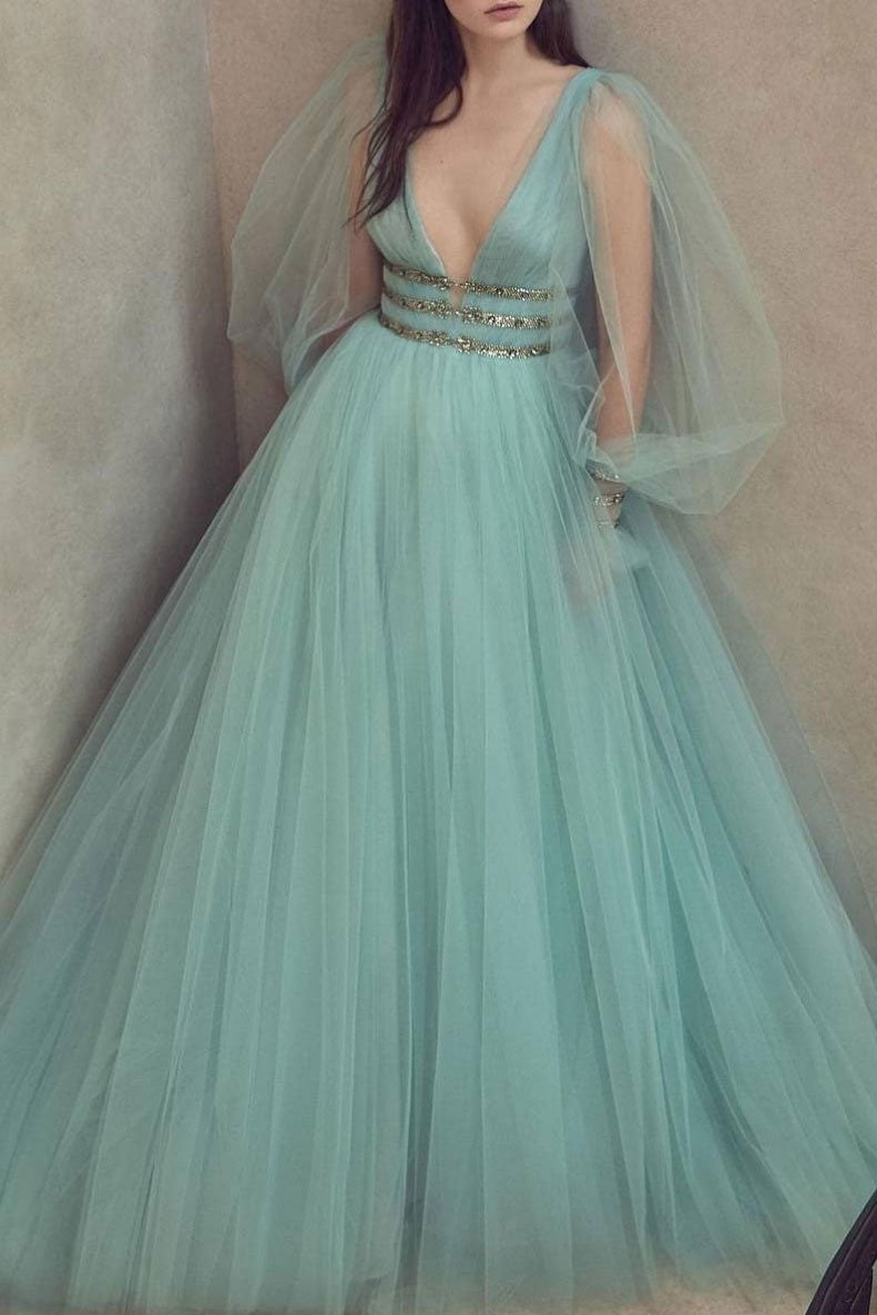 Green Tulle Puffy Sleeve Long V Neck Sequins Prom Dress, Formal Dress B68