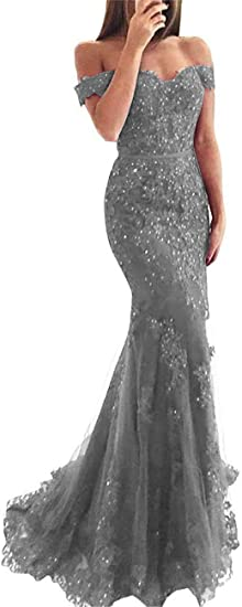 Lace beaded tulle maxi evening dress off the shoulder mermaid formal party dress SH558