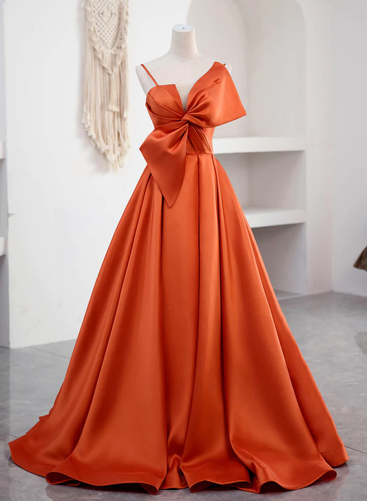 Elegant Spaghetti Straps Orange Satin Long Formal Prom Dress  SH563