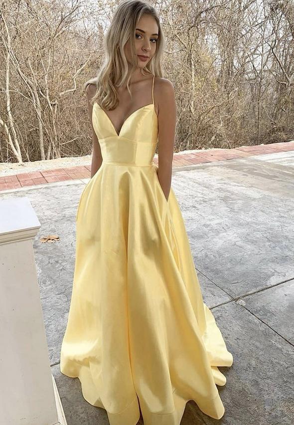 Yellow satin long prom dress simple evening dress KS526