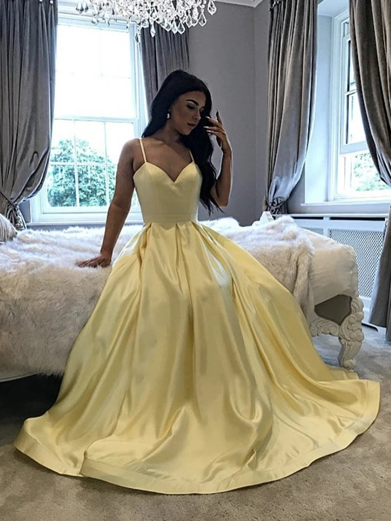 Yellow V Neck Long Satin Prom Dresses,Elegant V Neck Formal Evening Dresses KS528