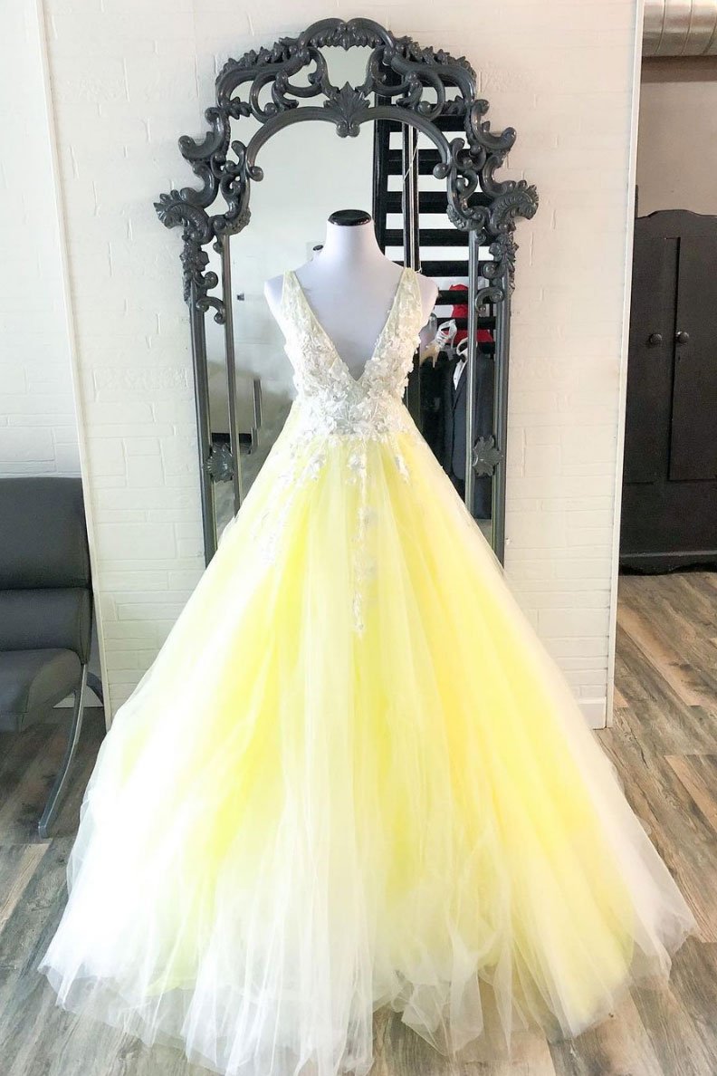 Yellow v neck tulle lace long prom dress yellow formal dress KS1170
