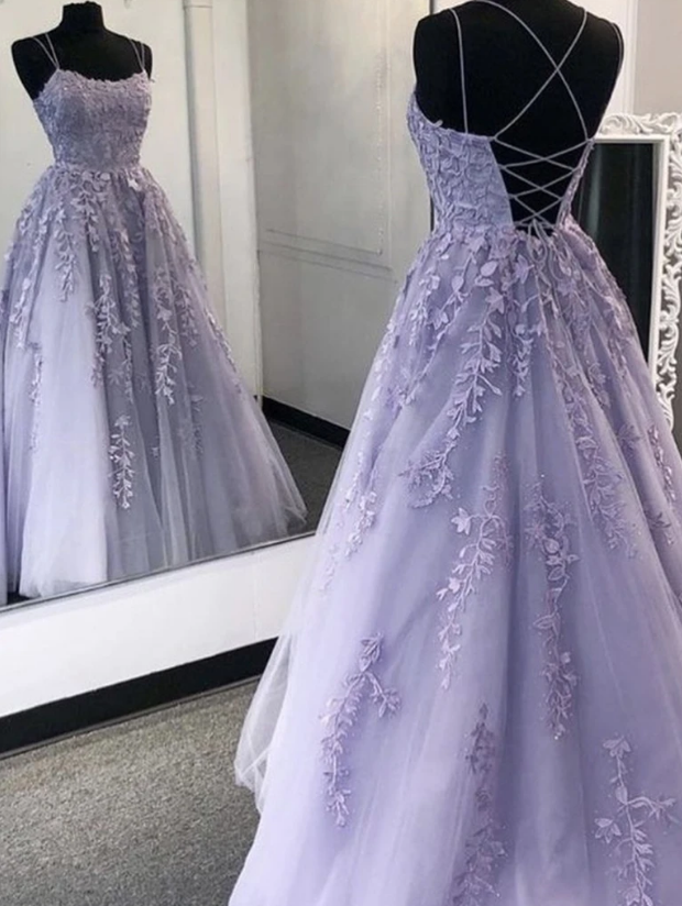 Purple tulle lace long prom dress formal dress S180