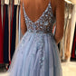 Gorgeous V Neck Open Back Smoky Gray Beaded Long Prom Dresses, High Slit Smoky Grey Long Formal Evening Dresses SA11