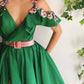 Green Satin Flower Prom Dresses High Split Side Cold Shoulder Appliques Formal Evening Party Gowns SA1680