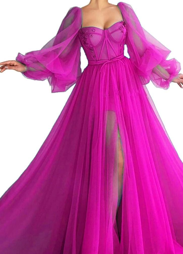 Tulle Evening Dress, Long Sleeves Long Prom Dress P3663