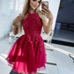 Halter Neck Backless Short Burgundy Lace Prom Dresses, Burgundy Lace Homecoming Dress SA688