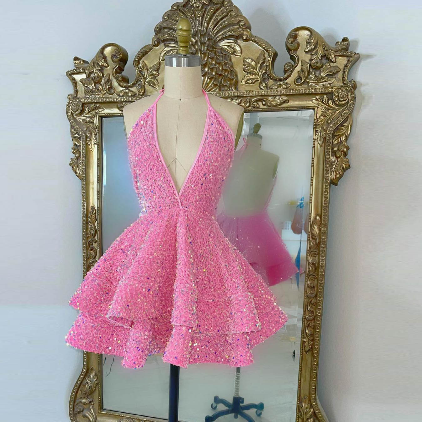 short homecoming dress, pink sequin homecoming dress SA1687