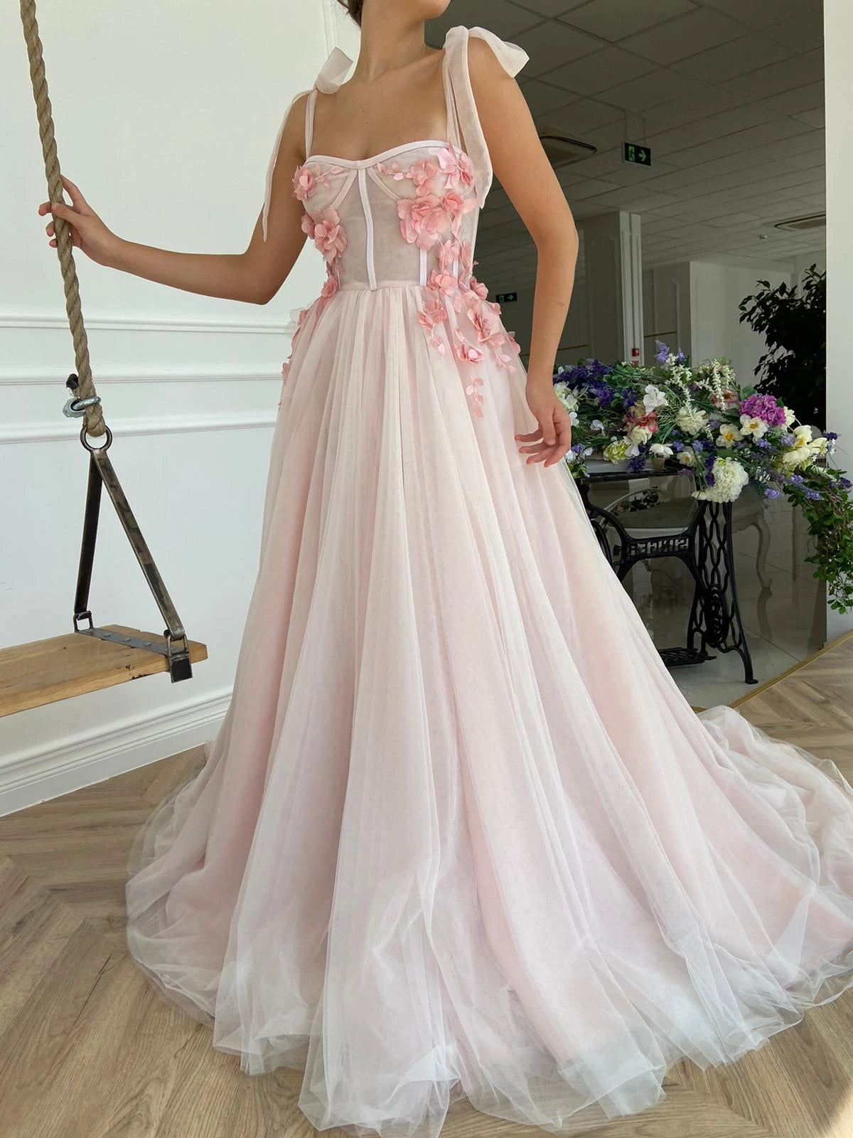 Long Pink Tulle Prom Dress Party Gowns SA636
