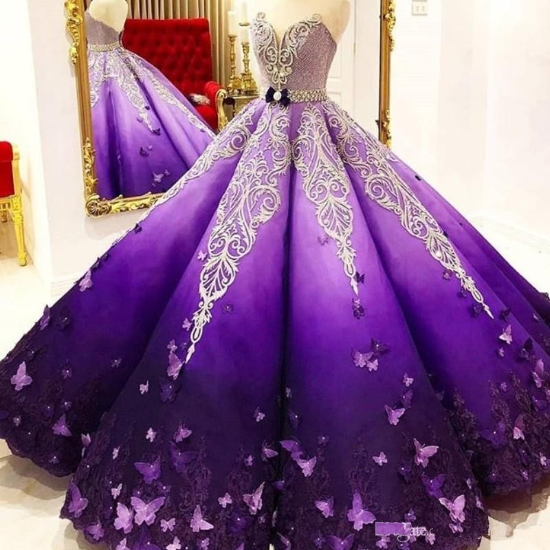 Stunning Purple Princess Quinceanera Dresses Crystal Beads Sash Butterfly Lace Appliques Ball Gown Prom Gowns 1026
