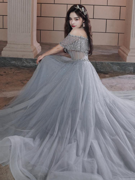 Beautiful Beaded Off Shoulder Tulle Prom Dress, A-line Grey Evening Dress Party Dress KS3820