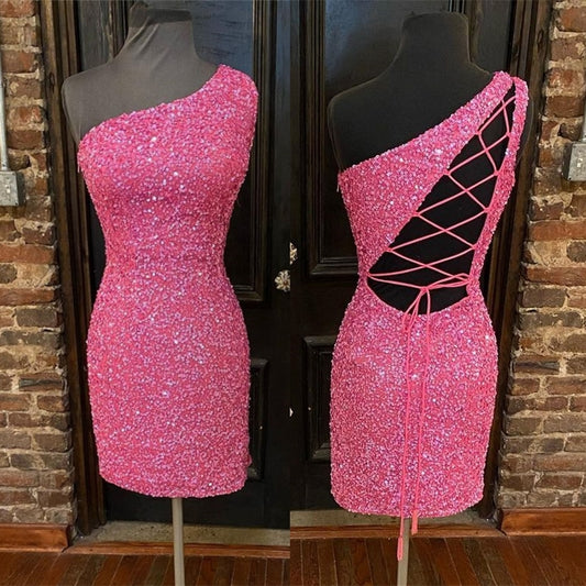 Hot Pink Sequins Tight One Shoulder Homecoming Dress SA816