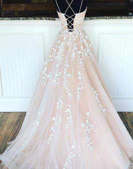 A-line ivory long prom dress with lace appliques S944