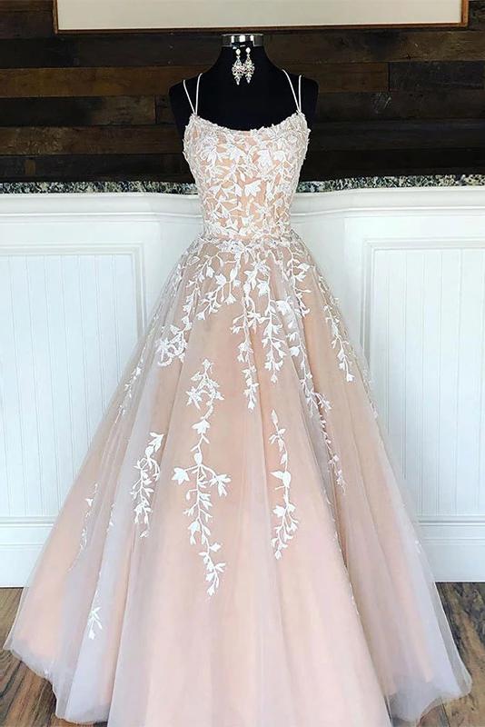A-line ivory long prom dress with lace appliques S944