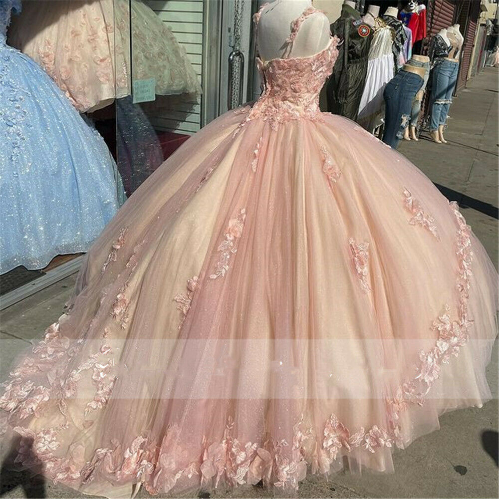 Princess Pink Quinceanera Dresses Lace Appliques Sweet 15 Party Prom Ball Gown SA798